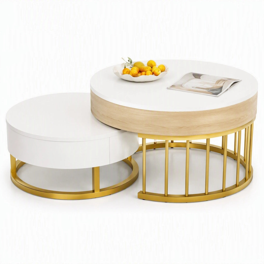 Set di tavolini rotondi con piano sollevabile e cassetto