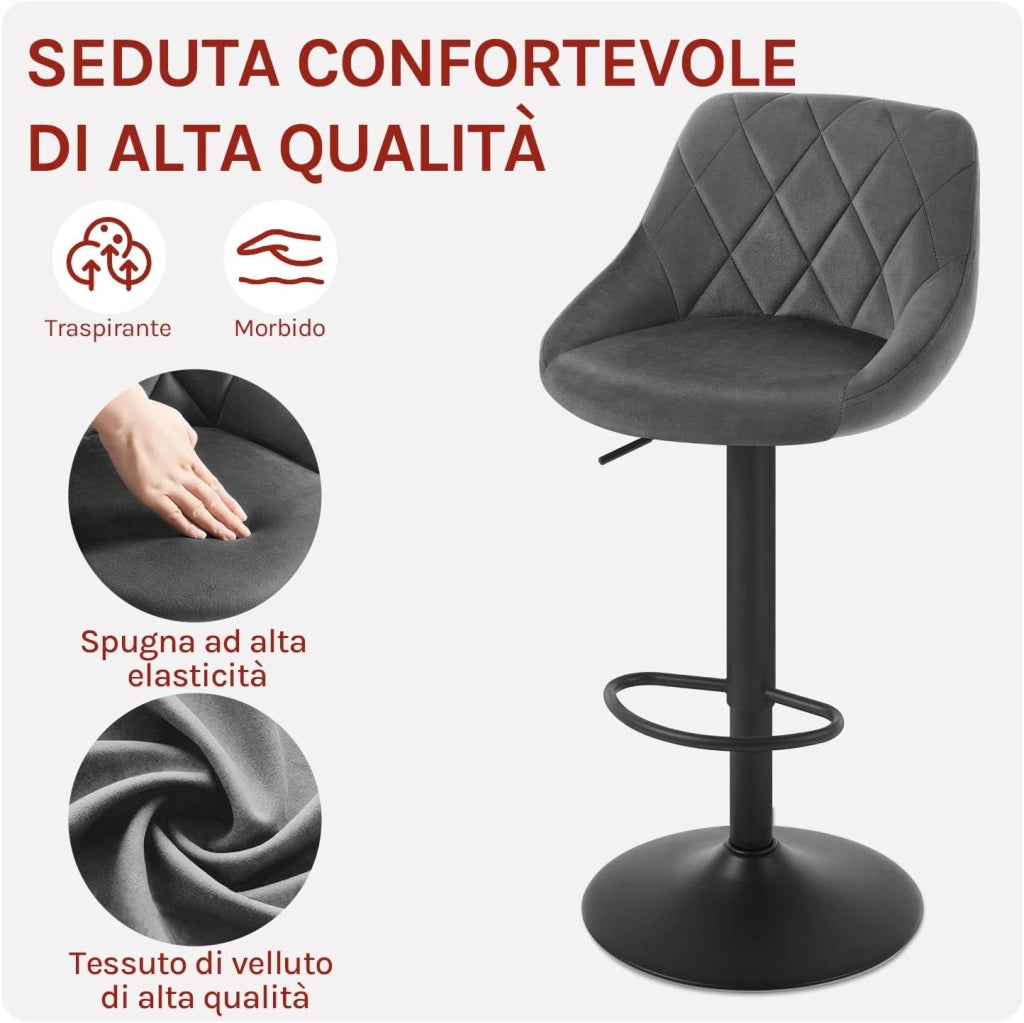 Sgabello da Bar Moderno Girevole Sedia Cucina Alta con Schienale Quadrato Poggiapiedi Senza Braccioli Altezza Regolabile in Velluto Grigio Scuro 1 Pezzo