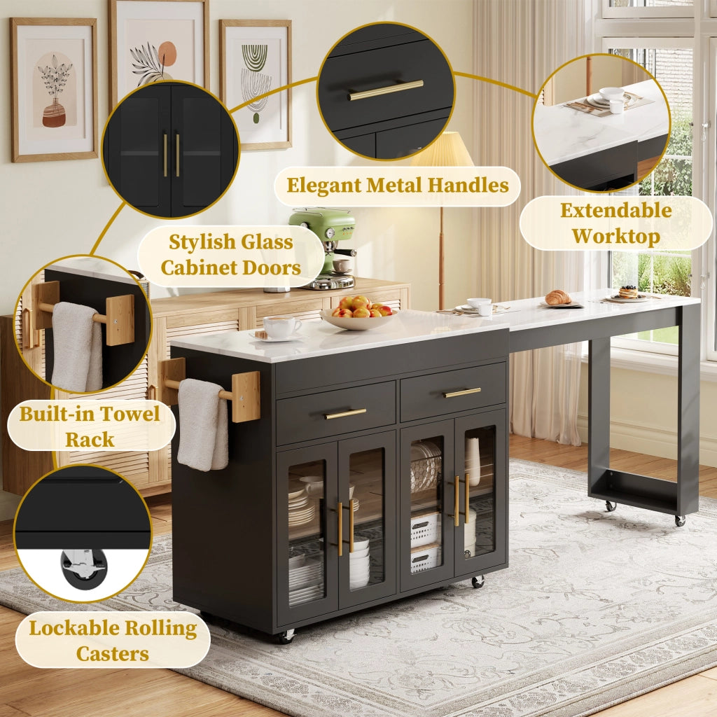 Credenza da cucina con 2 cassetti; 4 ante in vetro e piano estraibile - per cucina - in MDF - nero