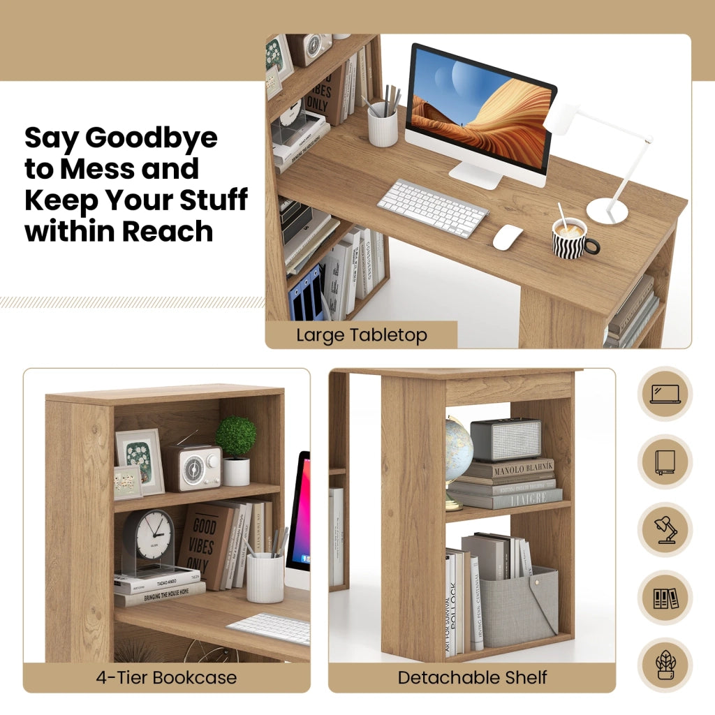 Scrivania per computer 48 Inch con libreria a 4 ripiani e supporto CPU, legno MDF colore naturale, salvaspazio per casa e ufficio
