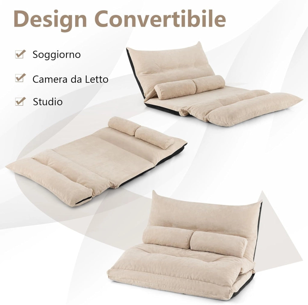 Divano da Terra Pieghevole, Divano Letto 2 Posti con Schienale Regolabile, Divano da Pavimento Trasformabile con 2 Cuscini per Camera da Letto Salone Balcone (Beige)