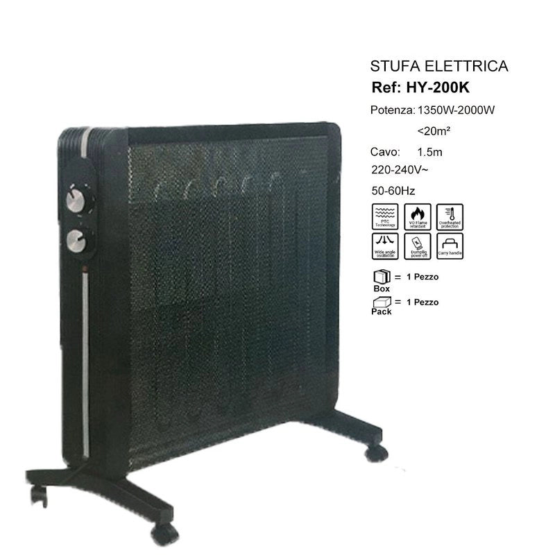 Stufa Elettrica da 1000-2000W Silensiozo e Leggero con manopola intuitiva per Ambiente fino 20mq  Colore Nero L73cm x H62cm
