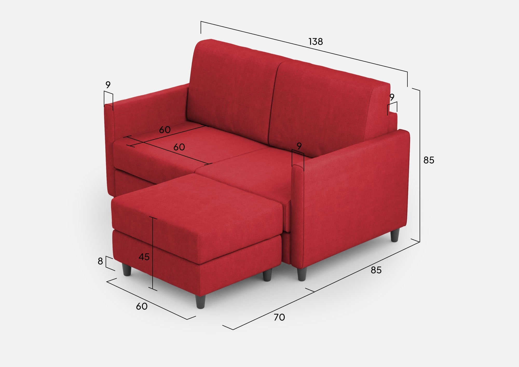 Divano 2 Posti con Pouf 138x155x85 cm Karay in Tessuto Rosso