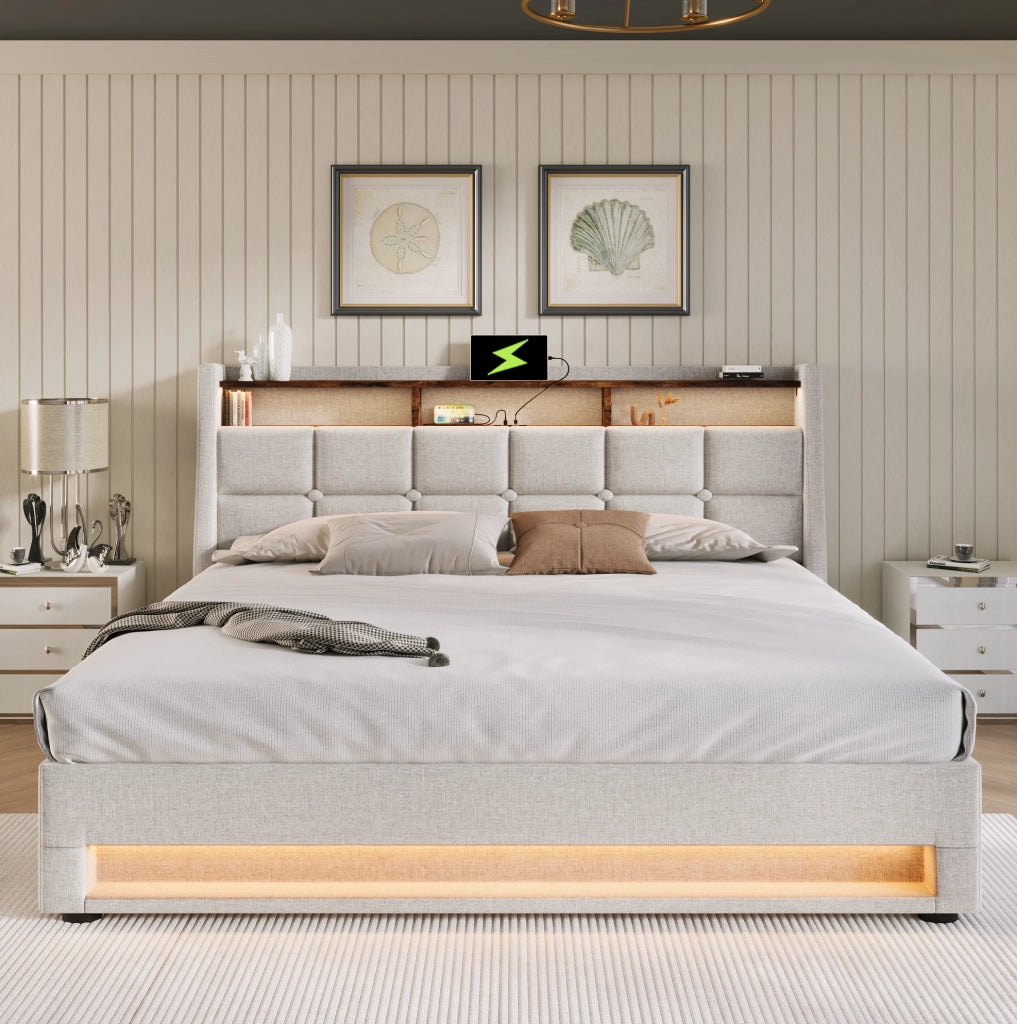 Letto imbottito 180x200 cm beige con LED, USB e vano contenitore