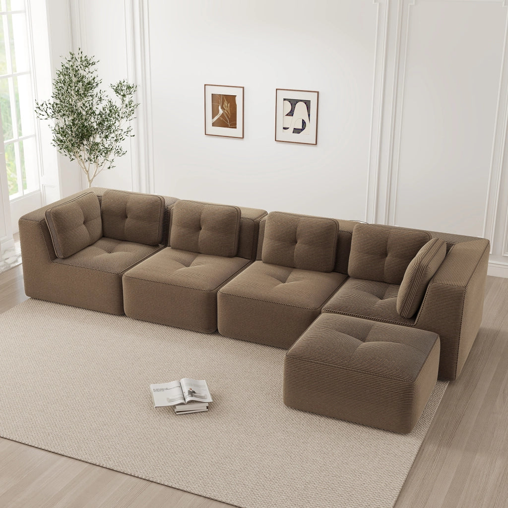 Divano angolare modulare senza struttura in tessuto corduroy con seduta profonda e design antiscivolo marrone