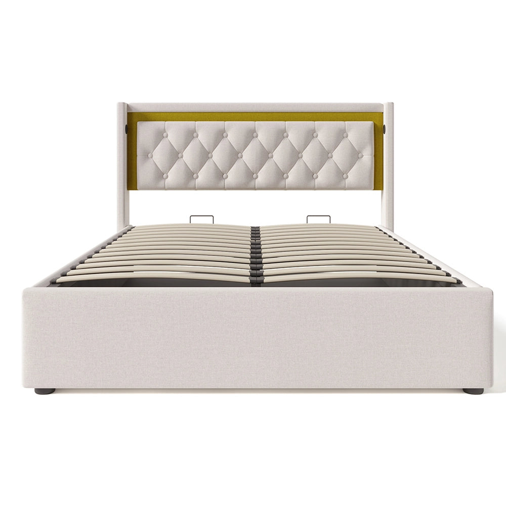 Letto a cassettoni con LED - Xylo - 160x200 cm - Beige - Testiera USB-C, con materasso