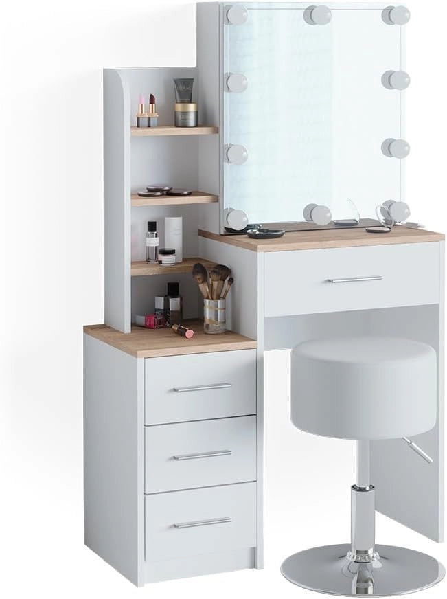 Tavolo da toeletta Conrada, Bianco/Sonoma, 80 cm con illuminazione LED e sgabello, adatto per l'organizzazione di articoli cosmetici e accessori