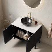 Mobile sottolavabo da bagno con lavabo in ceramica e piano in pietra sinterizzata, 2 ante, nero, 76 × 48 × 89 cm