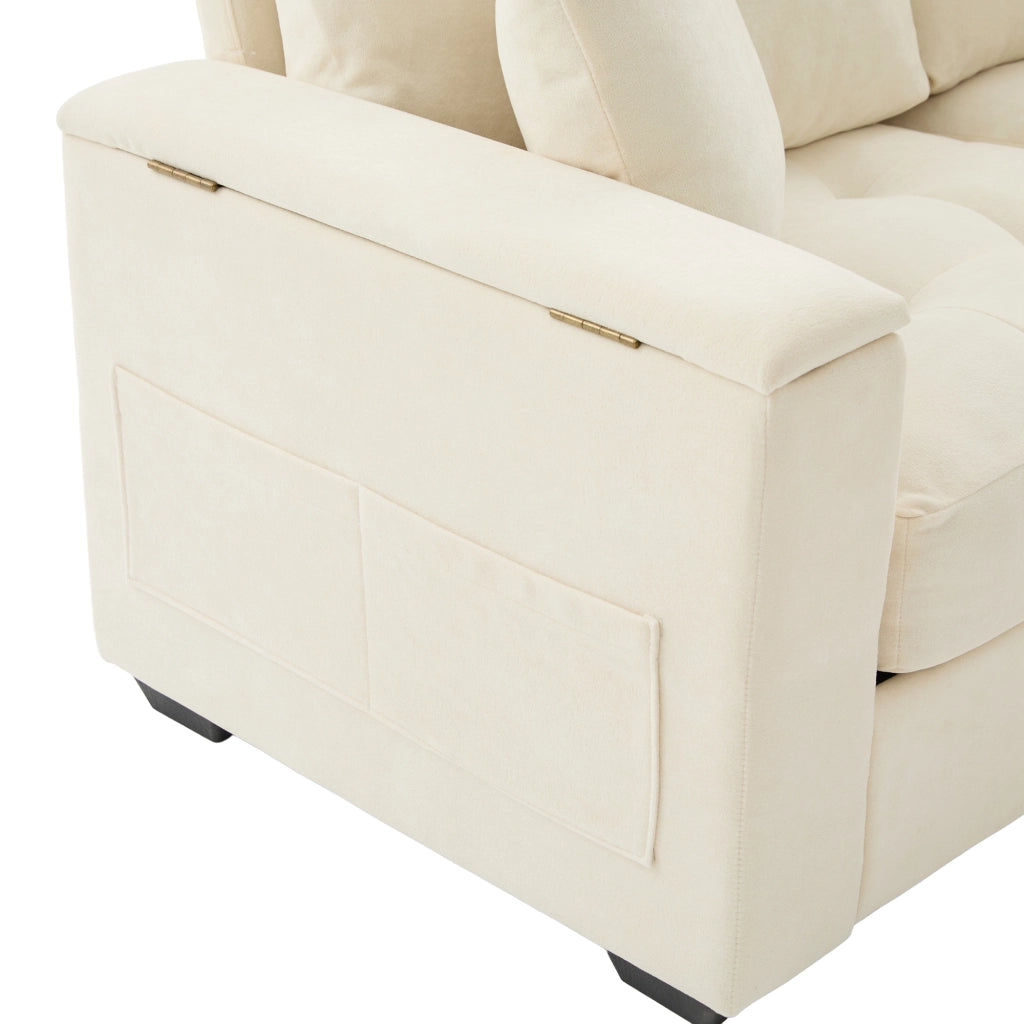 Divano lineare 2 posti con contenitore nei braccioli e tasche laterali in chenille beige