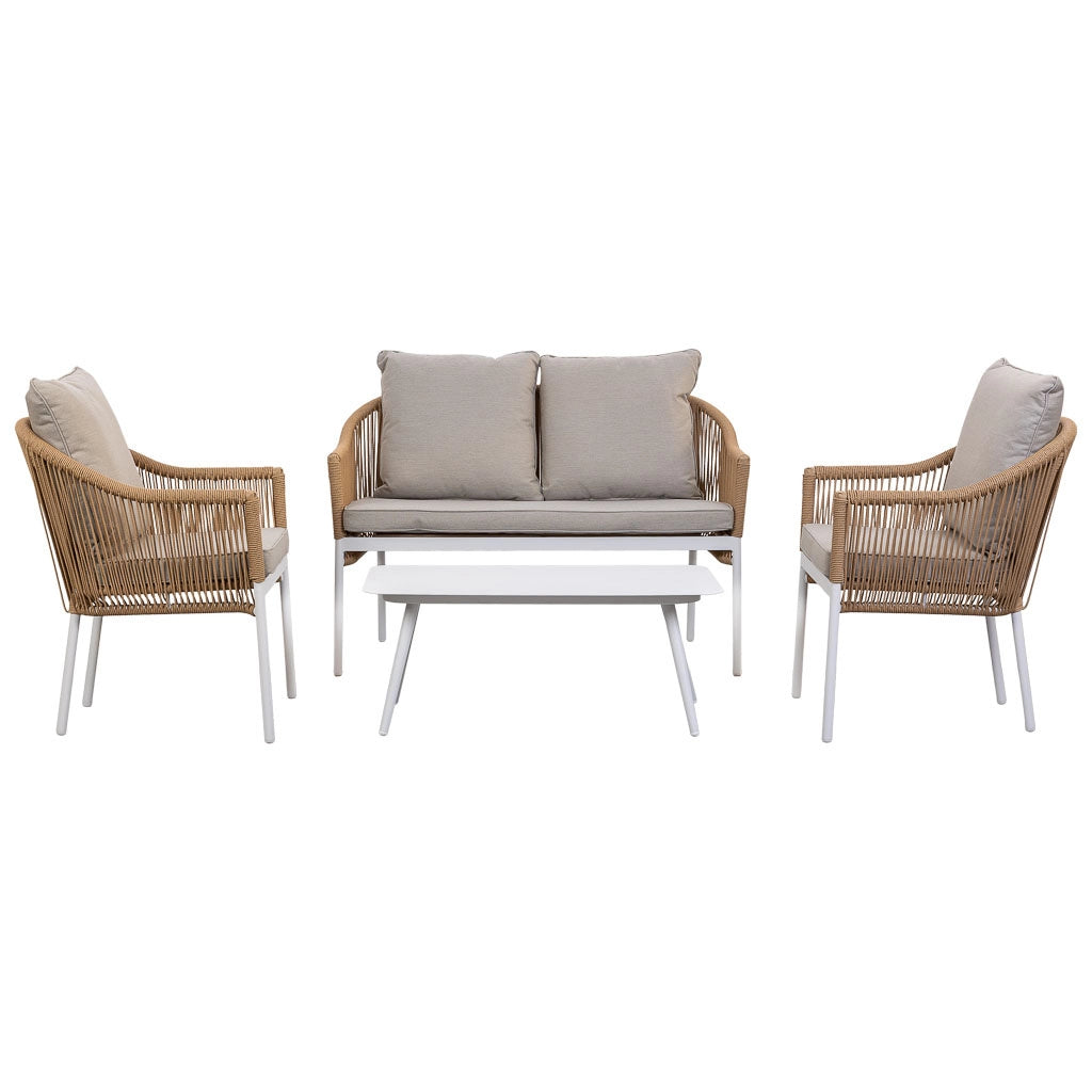 Set tavolo, divano e 2 poltrone beige 90x50x40, 58x65x84, 117x65x84