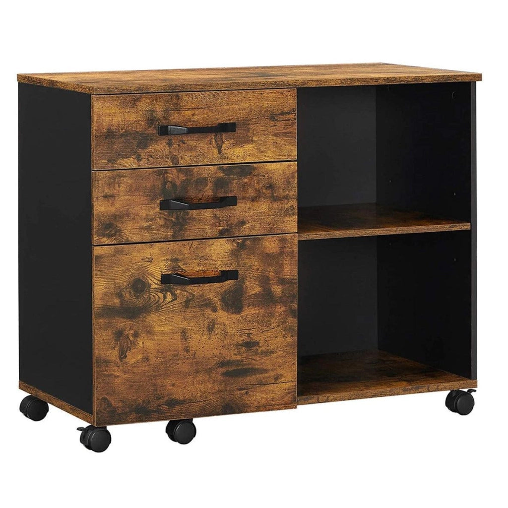 Mobiletto portaoggetti per ufficio a 3 cassetti con scomparti aperti credenza per documenti A4 supporto per stampante stile industriale 80 cm marrone rustico e nero 12_0002403