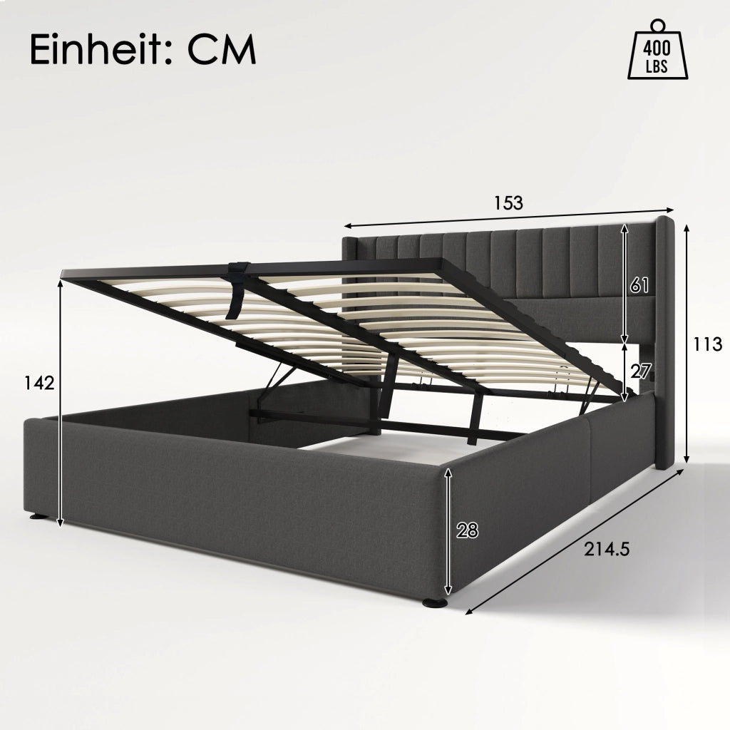 Letto Contenitore 140 x 200 cm; Letto Matrimoniale con Sollevamento Idraulico e Testiera Imbottita; senza Materasso; Grigio
