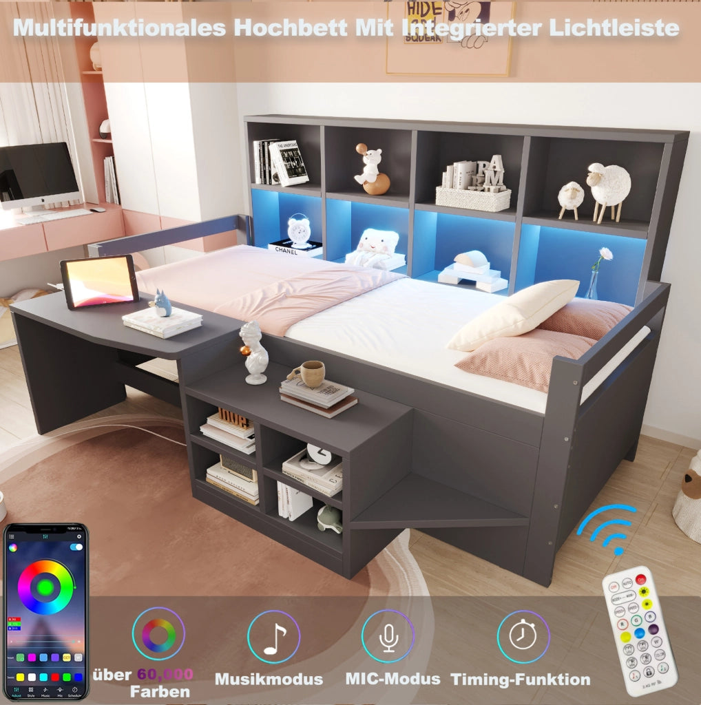 Letto multifunzionale 90x200 cm con scrivania; contenitori; LED e prese USB; grigio