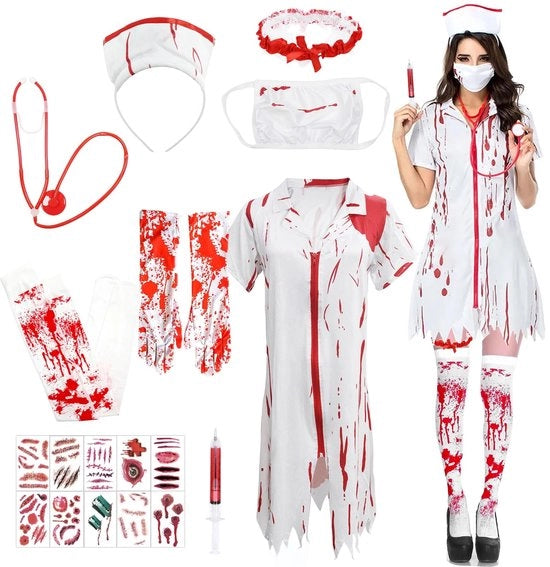 Costume da infermiera con disegno sangue - Abito da Halloween per donne - Costume zombie - Accessori di carnevale - Outfit di cosplay - Atmosfera spettrale