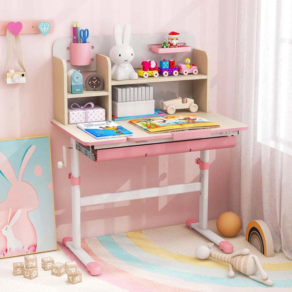 Scrivania per Bambini Regolabile in Altezza da 50 a 73cm, Rosa | Scrivania da Studio con Piano Inclinabile 60°, Scrittoio Cameretta con Scaffale, Cassetto, Portapenne e Righello