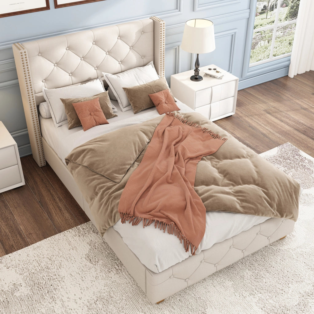 Letto imbottito 90x200 cm in lino beige con testiera capitonné e rete a doghe