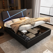 OKWISH Letto Contenitore 90×200 cm, Letto Singolo con LED Regolabile, Contenitore Idraulico e Testiera, senza Materasso, in PU, Nero