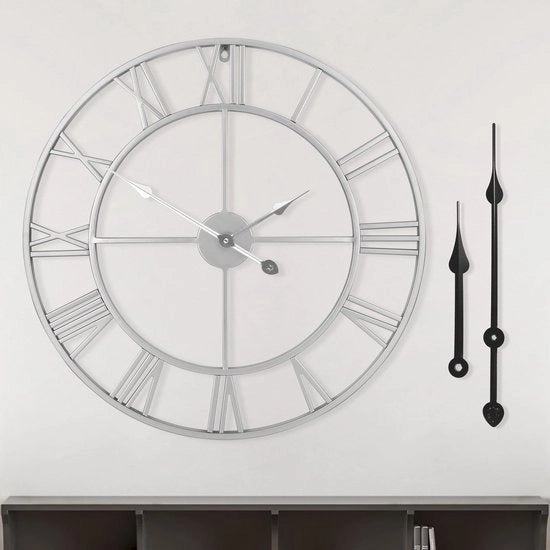 Orologio da parete in stile vintage, grande, senza tic, alimentato da batterie, 60 cm, cifre romane nere