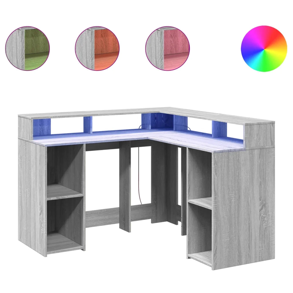 Scrivania con Luci LED Grigio Sonoma 130x130x91cm in Truciolato 3309452