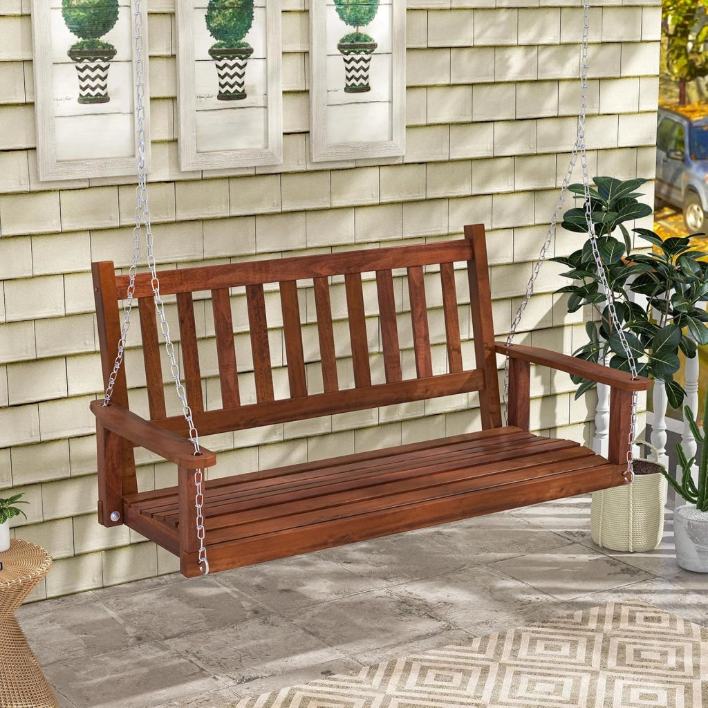 Altalena da Giardino in Legno per 2 Persone, Panchina Sospese in Legno con Capacità di Peso di 230 kg, Sedia a Dondolo per Giardino, Cortile (136 x 67 x 63 cm, Marrone)