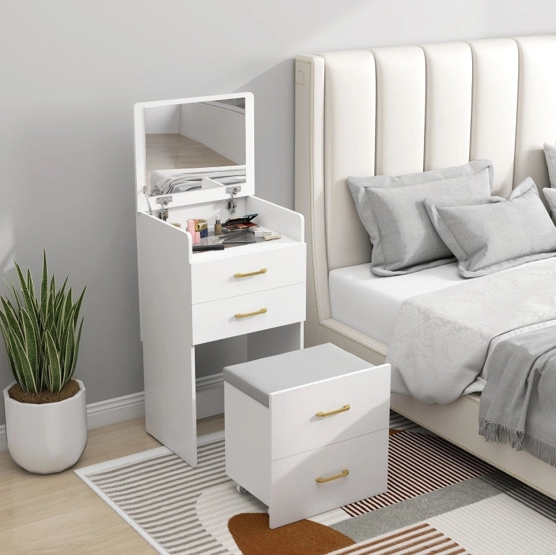 Toeletta 3 in 1 con specchio, comodino e sgabello