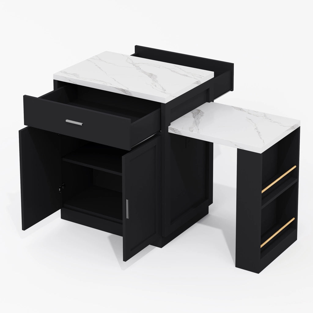Isola da Cucina con Tavolo Estensibile 2-6 Persone; 2 Prese; 2 USB; 2 Cassetti e Mobile Contenitore