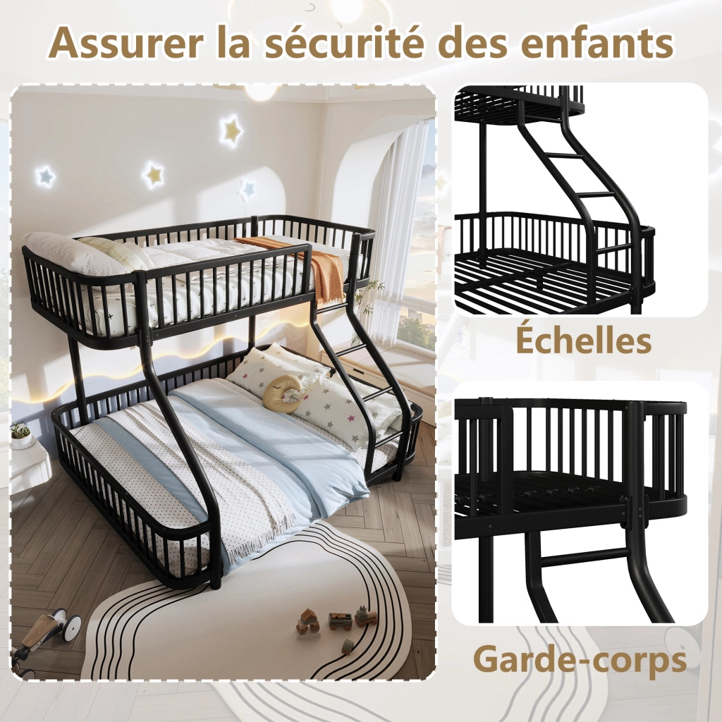 Letto a castello per bambini 90x200 + 140x200 cm; in metallo con barriere di sicurezza e scala; letto familiare; nero