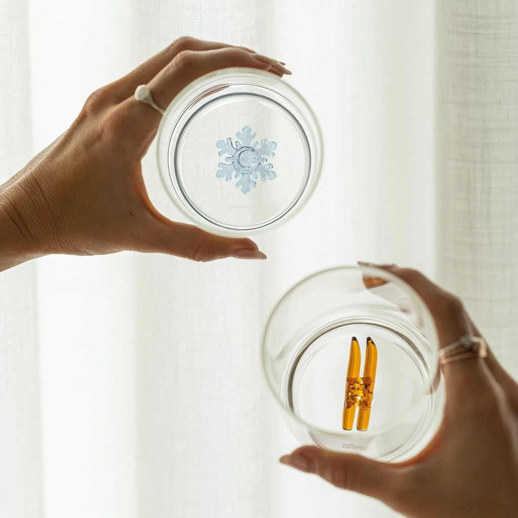 Teca Bicchieri Tumbler Winter Games Set 35cl in vetro borosilicato decoro Fiocco di Neve, artigianato di alta qualità per tavola invernale elegante