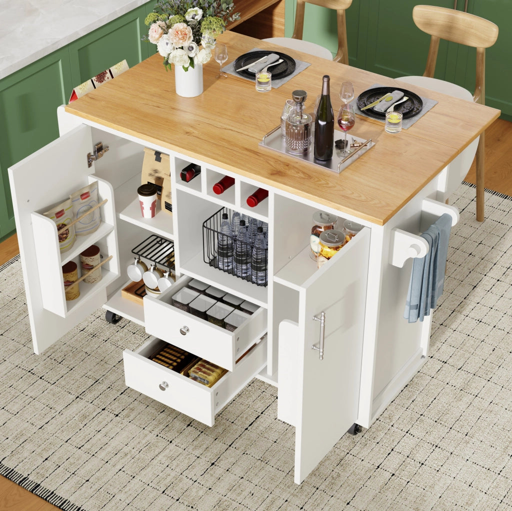 Isola da cucina 137.9x73x92 cm con piano pieghevole; ruote; MDF e metallo bianco