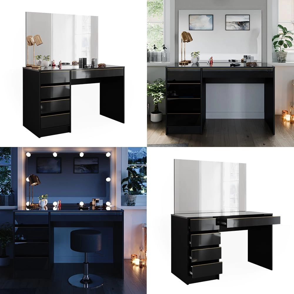 Vicco Tavolo da toilette Sherry, Nero/oro, 120 cm con specchio, con specchio rettangolare per l’uso quotidiano