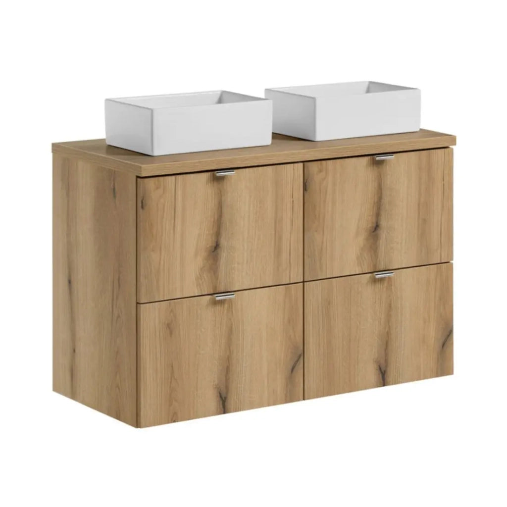 Insieme sospeso VANO finitura quercia 100cm : mobile porta lavabo con cassetti + piano per lavabo + lavabi rettangolari da appoggio