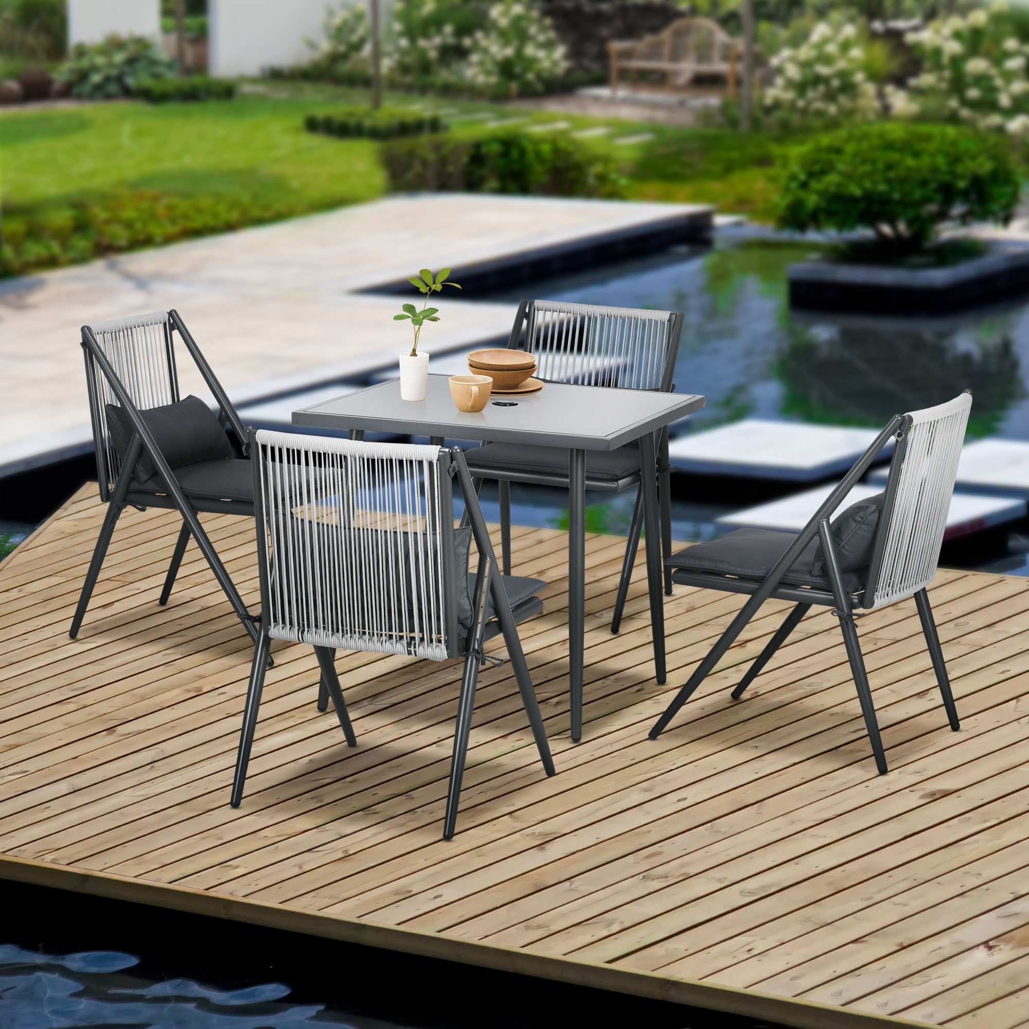 Set Tavolo con Piano in Vetro e 4 Sedie da Giardino in Alluminio e Poliestere Grigio Scuro