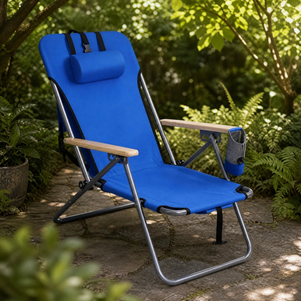 Sedia pieghevole da esterno blu con schienale reclinabile in 4 posizioni e design zaino