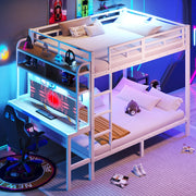 OKWISH Letto a Castello 140×200 cm, Letto Matrimoniale con Scrivania, LED Regolabile, USB, Ripiani e Scala, senza Materasso, Bianco