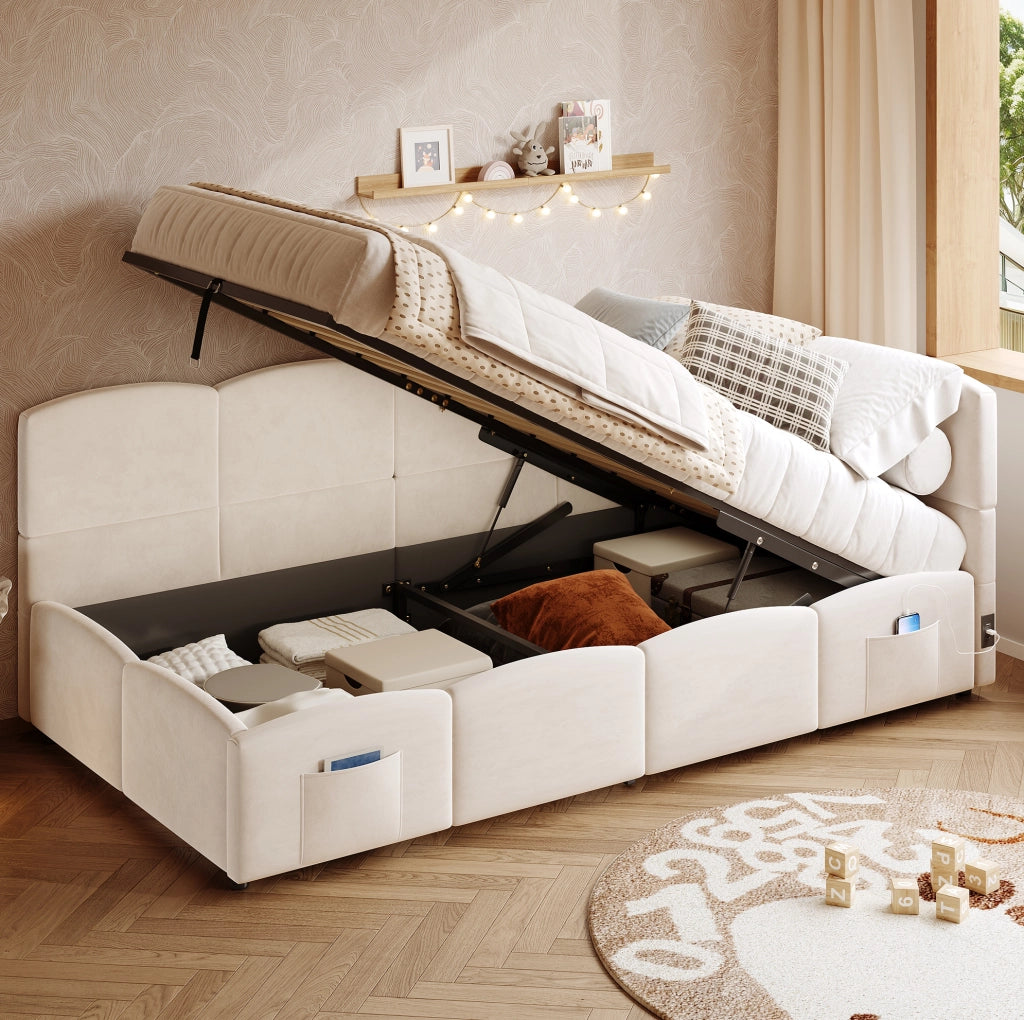 Letto singolo imbottito 90x200 cm con contenitore, USB e tasca laterale