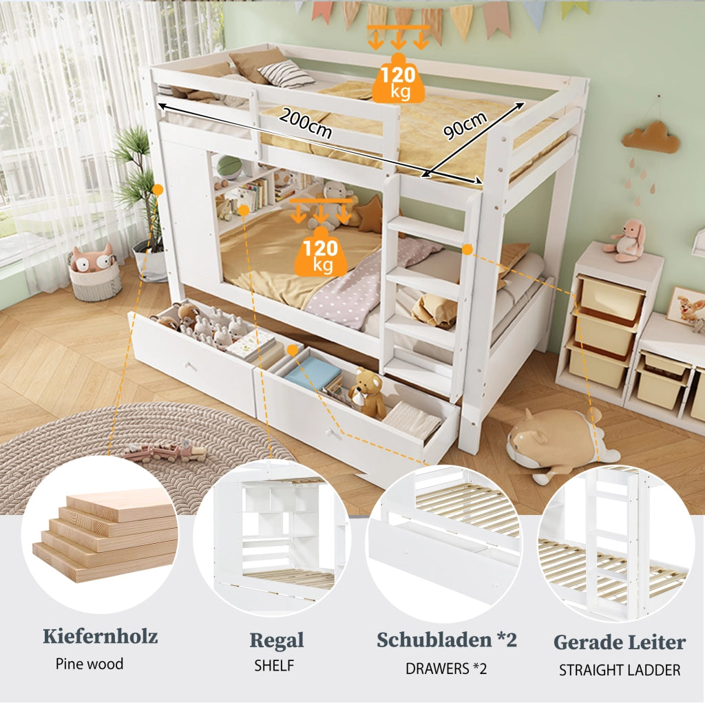 Letto a castello 90 × 200 cm con 2 cassetti, scaffale aperto e scala, senza materasso, bianco