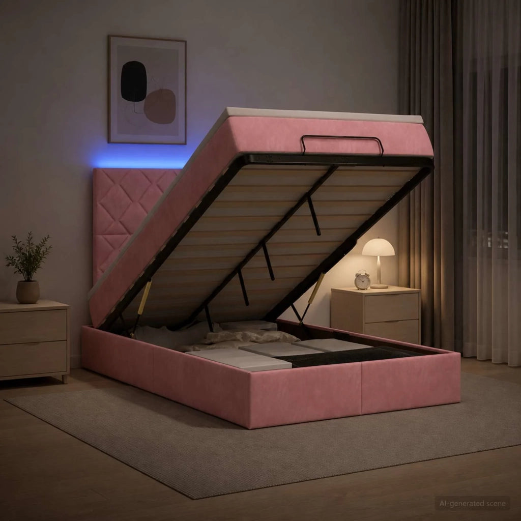 Letto Ottomano con Materasso e LED Rosa 120 x 190 cm Velluto 3458366