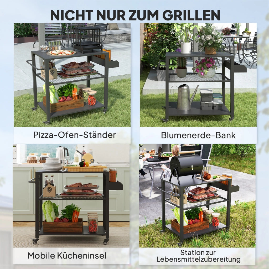 Carrello Cottura Barbecue con Griglia e Ripiano ¨C Zephmum ¨C Metallo, Nero, 4 Ruote