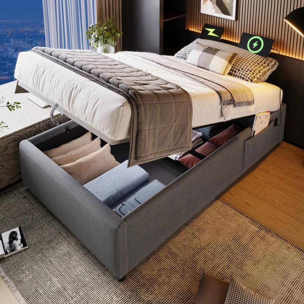 OKWISH Letto contenitore 90×200 cm, Letto Singolo con USB, Type C e Vano Contenitore, senza Materasso, in Lino Cotone, Grigio