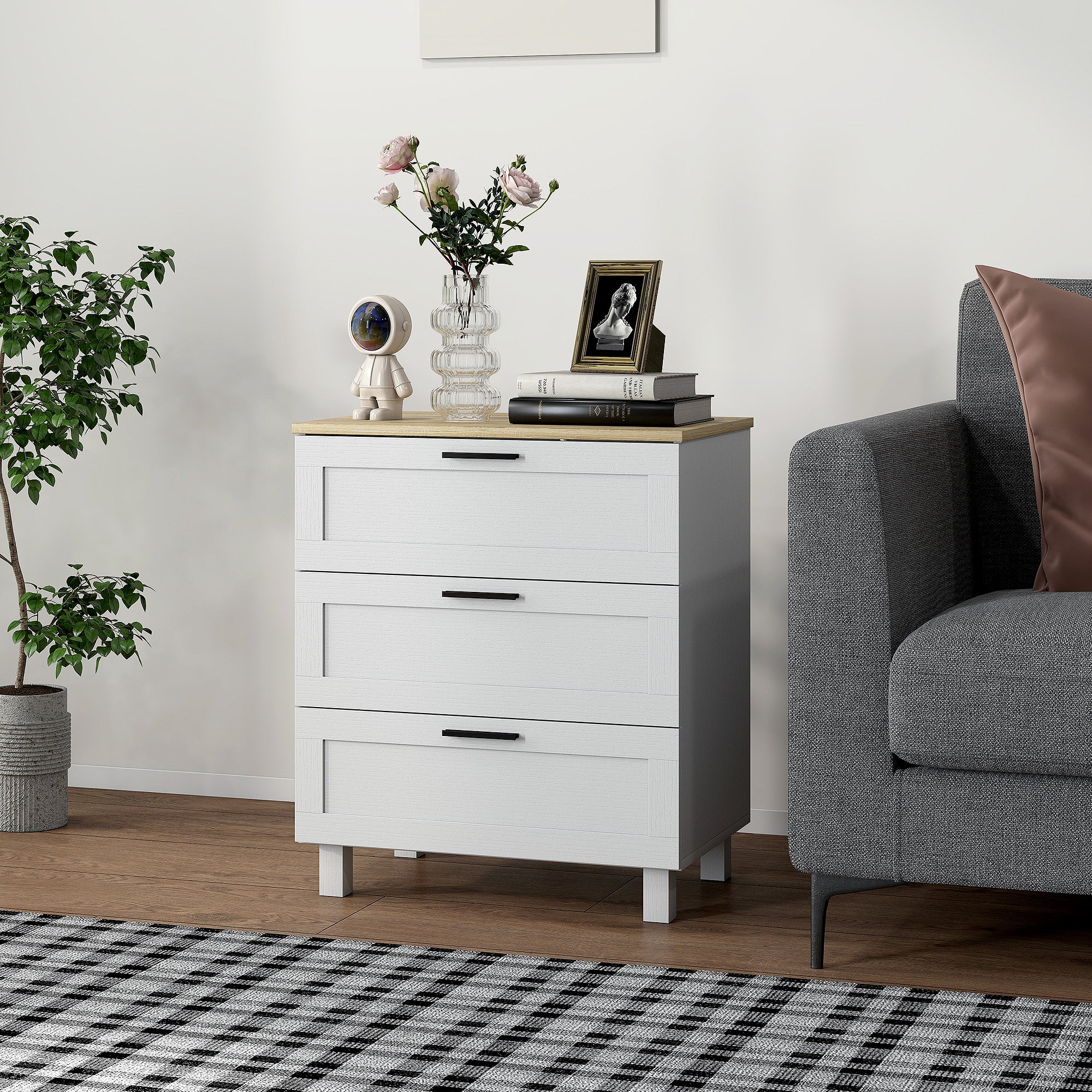 Cassettiera 3 Cassetti Moderna 60x38x71 cm in Legno Bianca e color Legno