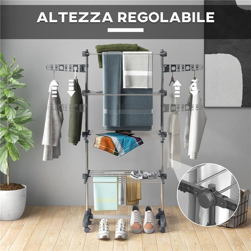 STENDINO VERTICALE CON 4 RIPIANI REGOLABILI, IN ACCIAIO E PLASTICA, 142X55X172 CM, GRIGIO E ARGENTO