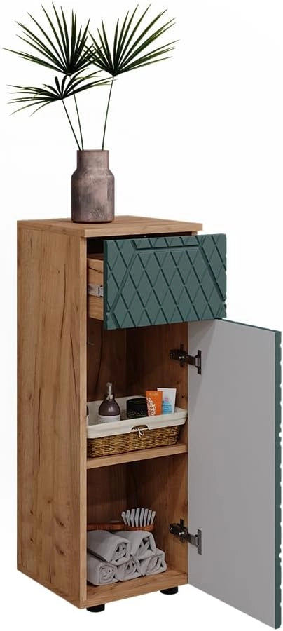 Mobile midi Irma, Quercia verde/oro, 30 x 81 cm con 1 cassetto, 2 scomparti, bagno, per la conservazione in bagno, abbinabile alla serie Irma