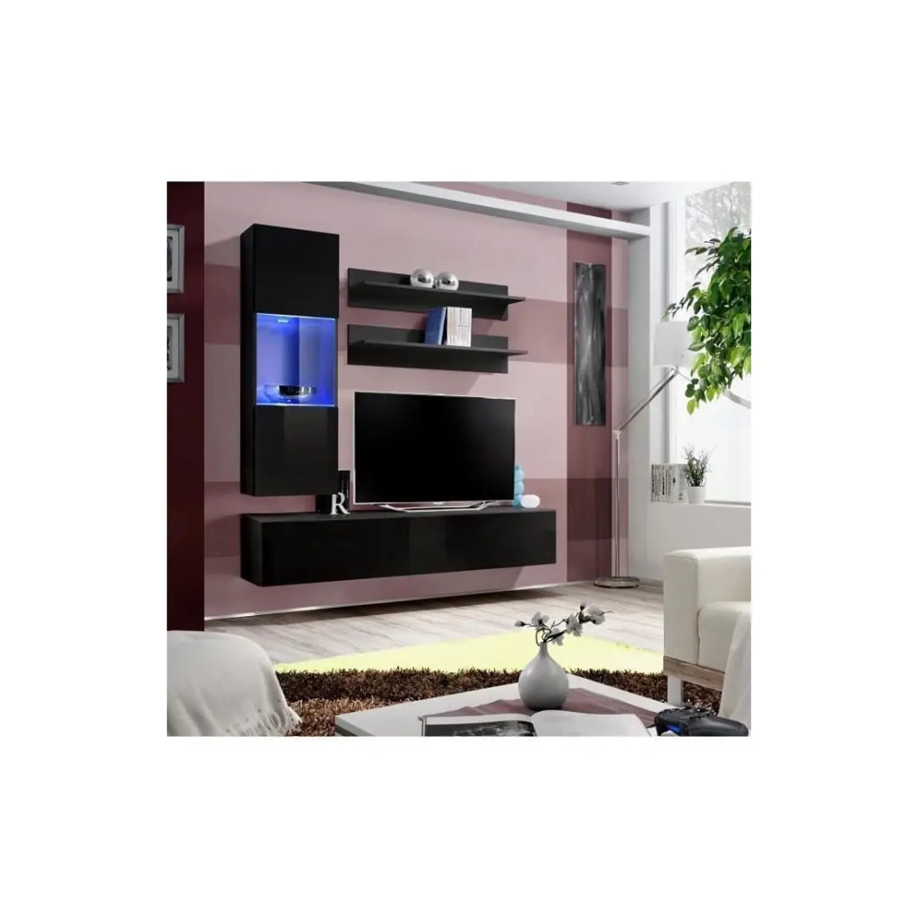 Mobile per TV FLY H3 design, colore nero lucido. Mobile sospeso moderno e alla moda per il tuo soggiorno.
