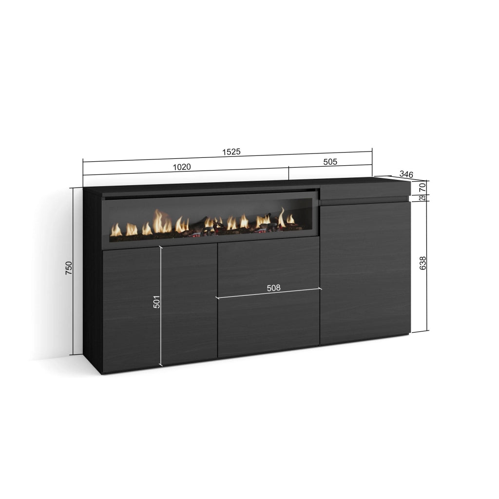Credenza, Mobile, 150x35x75cm, 3 Porte, Camino elettrico, Nero RF2510