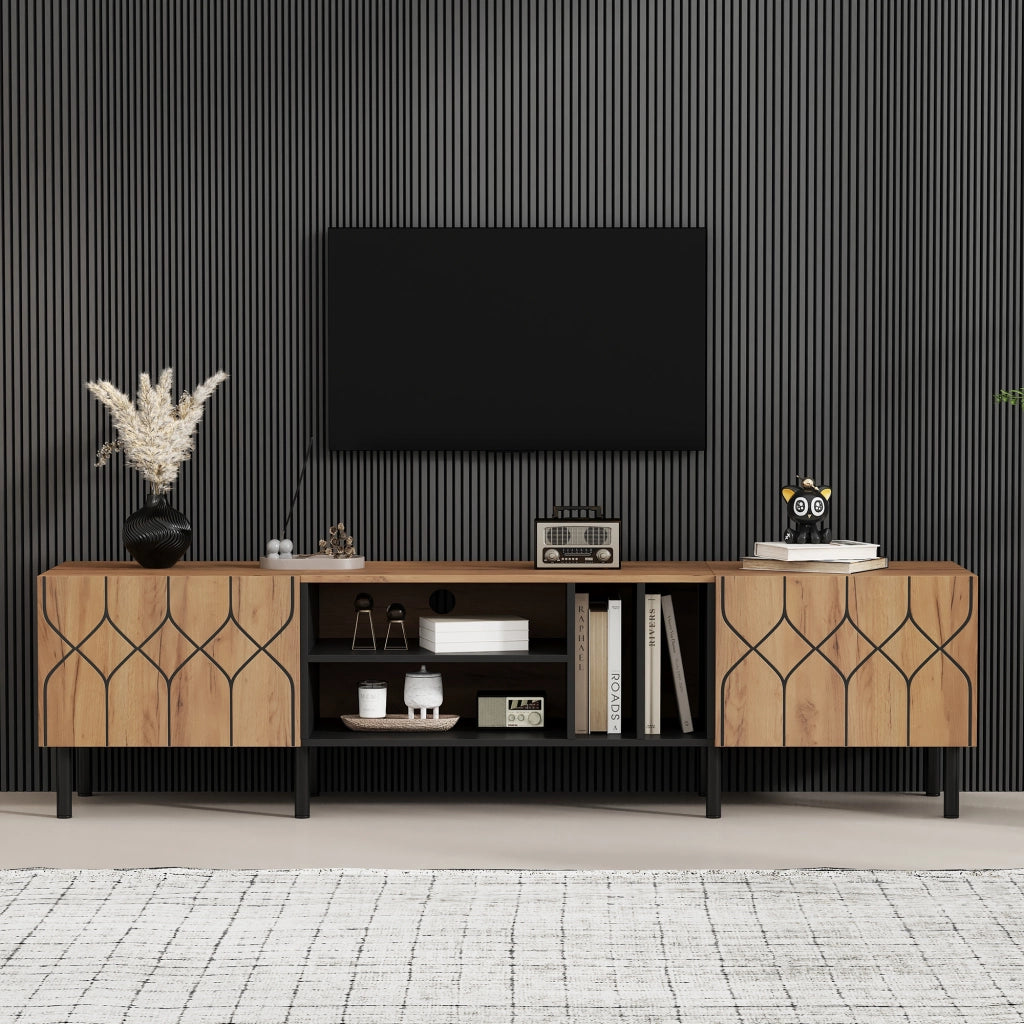 Mobile TV basso con 2 ante push-to-open, 4 vani a giorno, 180x40x50 cm, nero e legno naturale, per TV fino a 70''