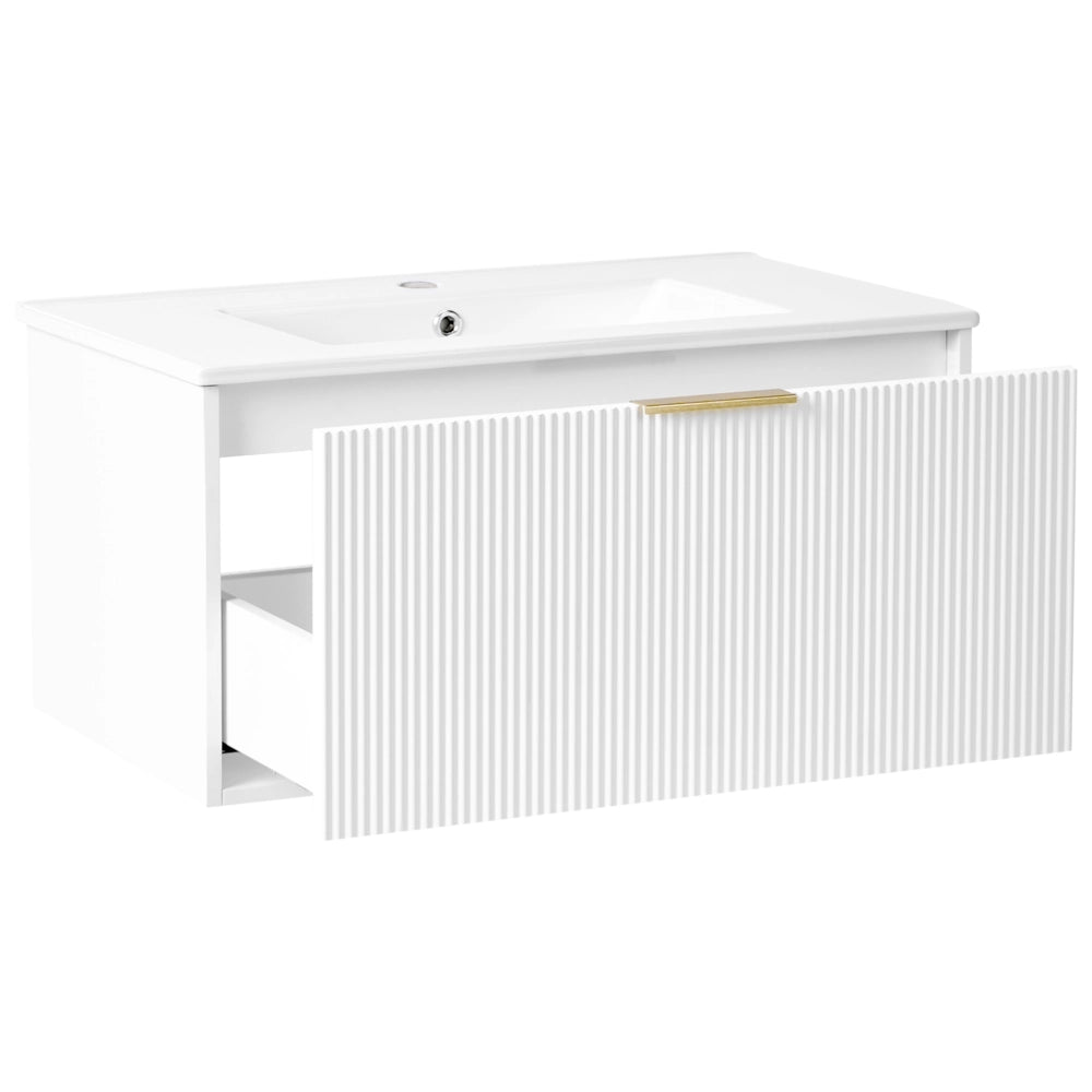 Mobiletto a muro con lavabo in legno massiccio Bianco con maniglia dorata per il bagno 80 cm stile moderno