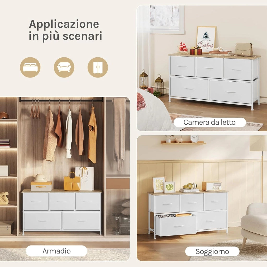 Cassettiera Camera da Letto, Cassettiera con 5 Cassetti a 2 Livelli in Tessuto, Mobile con Cassetti Industriale, Struttura in Metallo e Legno, Bianco, 100x30x54cm, SSK005ws