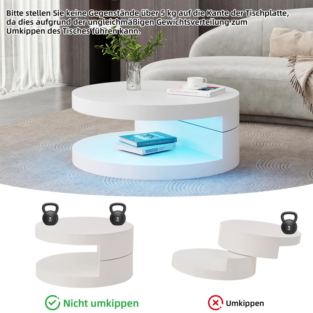 Tavolino basso rotondo girevole con LED e doppio ripiano in MDF bianco diametro 70 × 35,5 cm