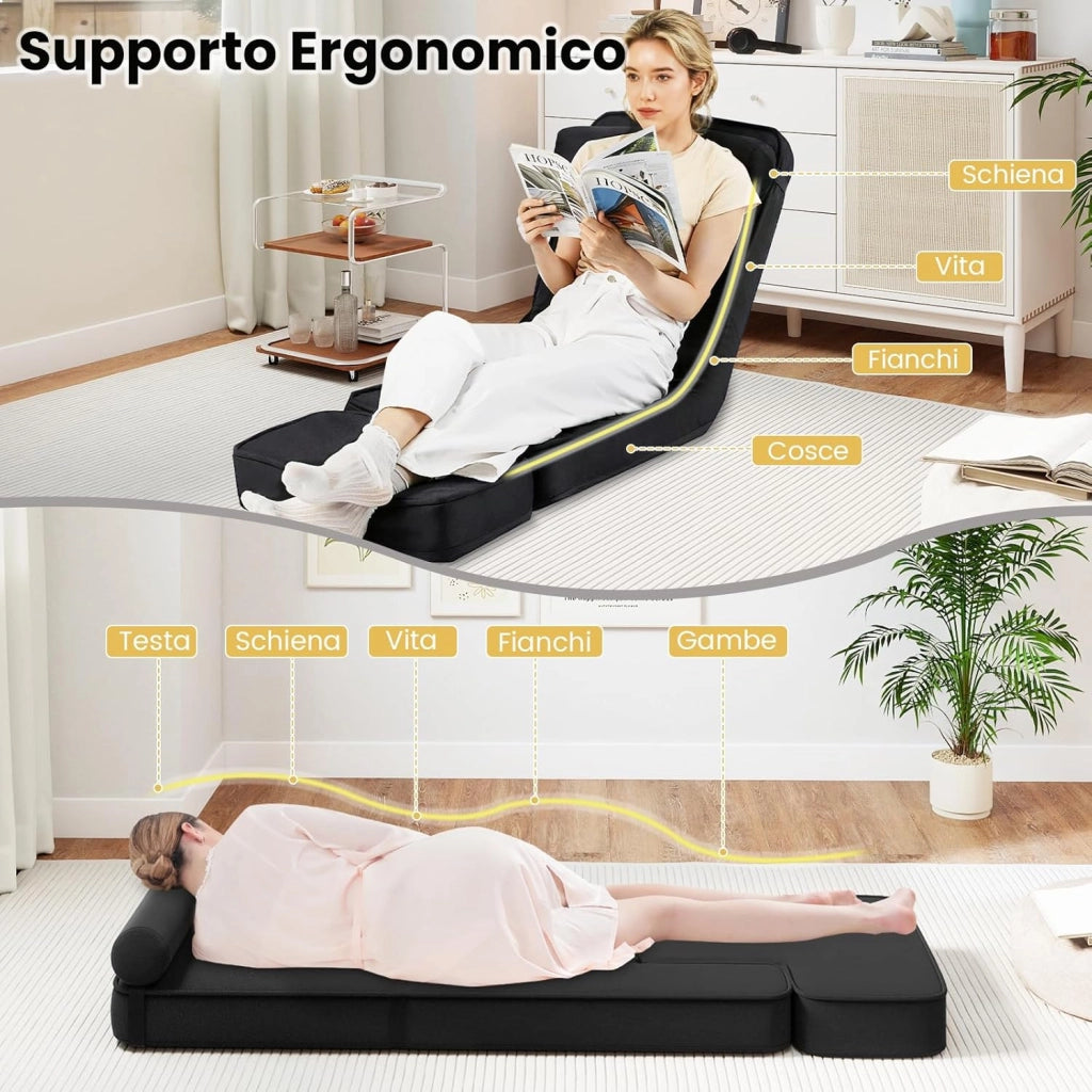 Sedia da Terra Pieghevole, Poltrona Relax Imbottita con Schienale e Poggiapiedi Regolabili, Sedia da Pavimento con Tavolino e Cuscino, per Soggiorno e Camera da Letto