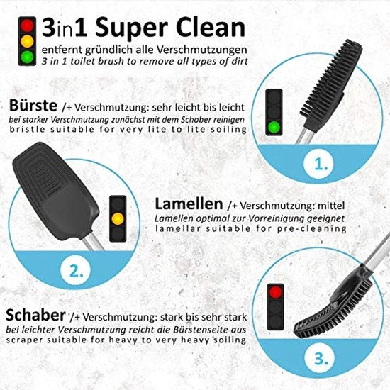 Set di spazzole per il water di sanitario in silicone 3 in 1 con asta di acciaio inossidabile di 60 cm e contenitore di stoccaggio per spazzola e schiuma, inclusa schiuma e schiumastra per la pulizia igienica del bagno e del sanitario.